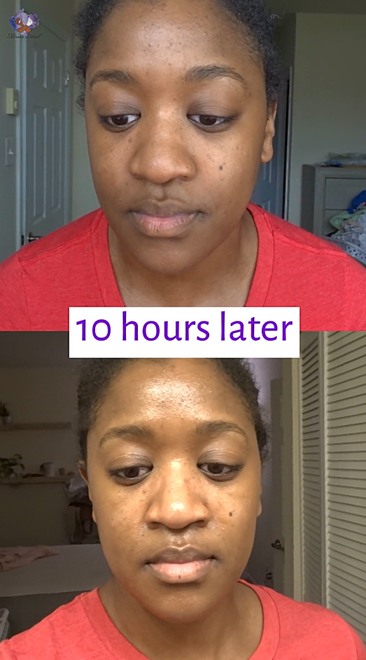 image of a brown skinned young woman wearing Fenty Beauty Eaze Drop tinted moisturizer, compared to the same woman wearing that complexion product 10 hours later