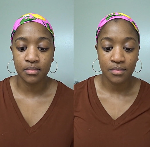 image of a brown skinned young woman with no makeup, compared to the same woman wearing Loreal true Match Tinted Serum