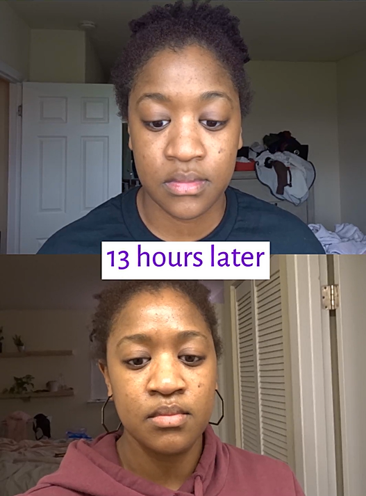 image of a brown skinned young woman wearing Sephora Collection Matte tinted moisturizer, compared to the same woman wearing that complexion product 13 hours later