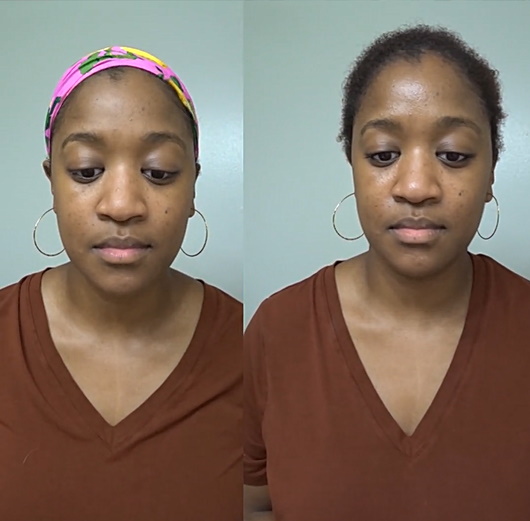 image of a brown skinned young woman wearing Loreal true Match Tinted Serum, compared to the same woman wearing the complexion product 10 hours later