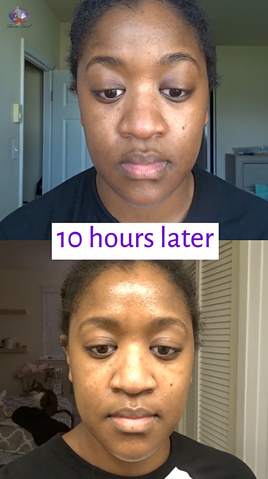 image of a brown skinned young woman wearing The Lip Bar tinted moisturizer, compared to the same woman wearing that complexion product 10 hours later