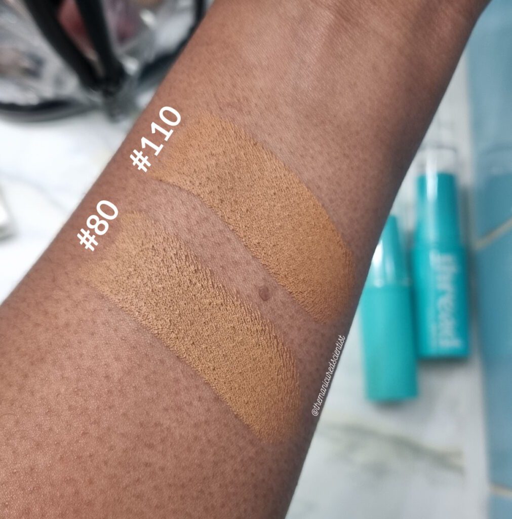 Thread Beauty foundation stick swatches, shades 80 and 110