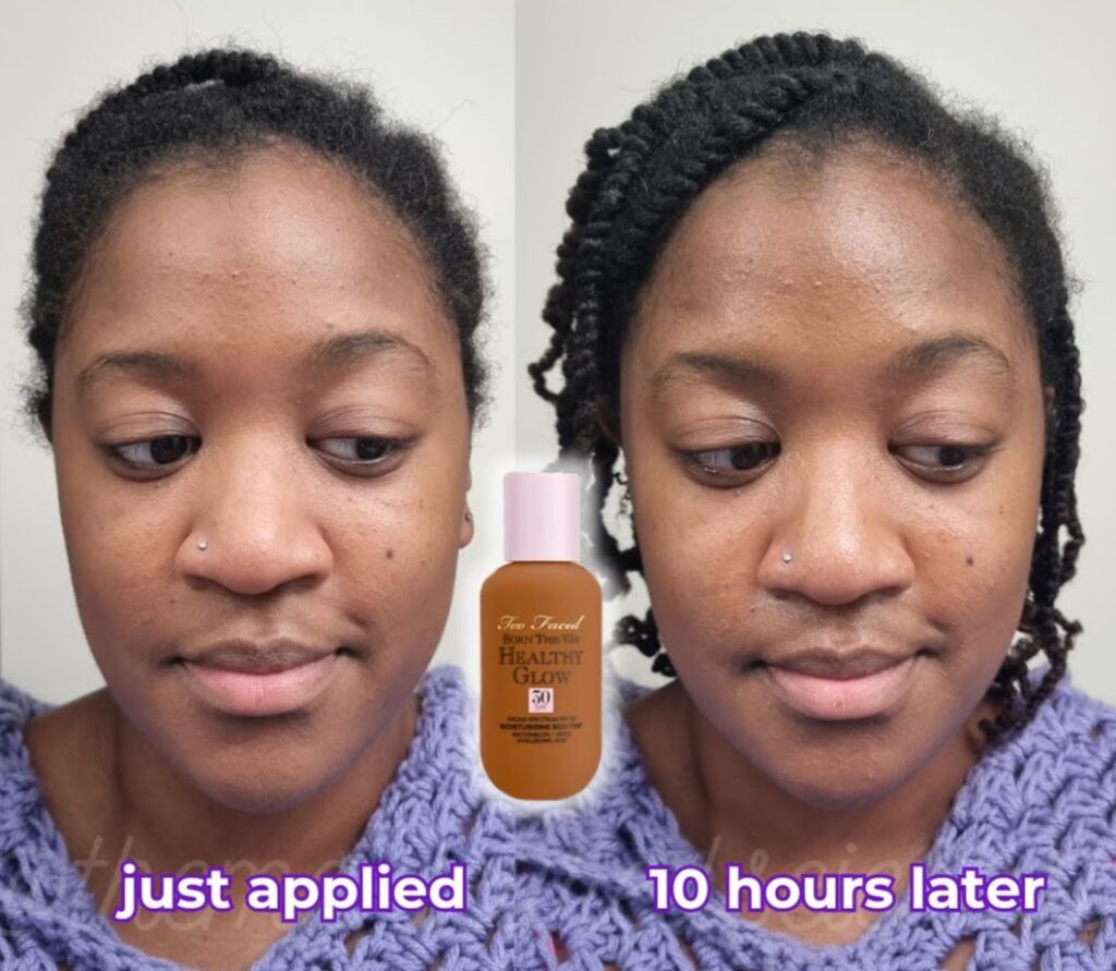 before and after wearing the too faced skin tint in shade maple for 10 hours